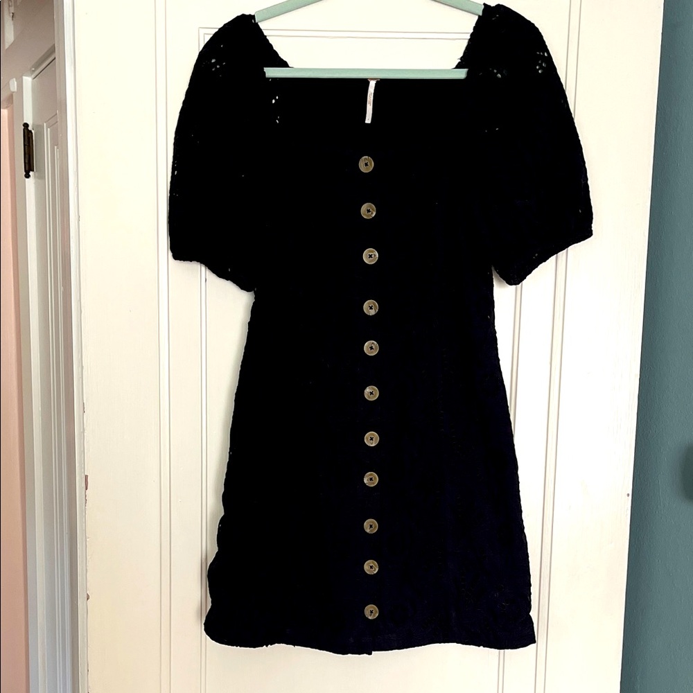 Black Eyelet Mini Dress Puff Sleevs Small